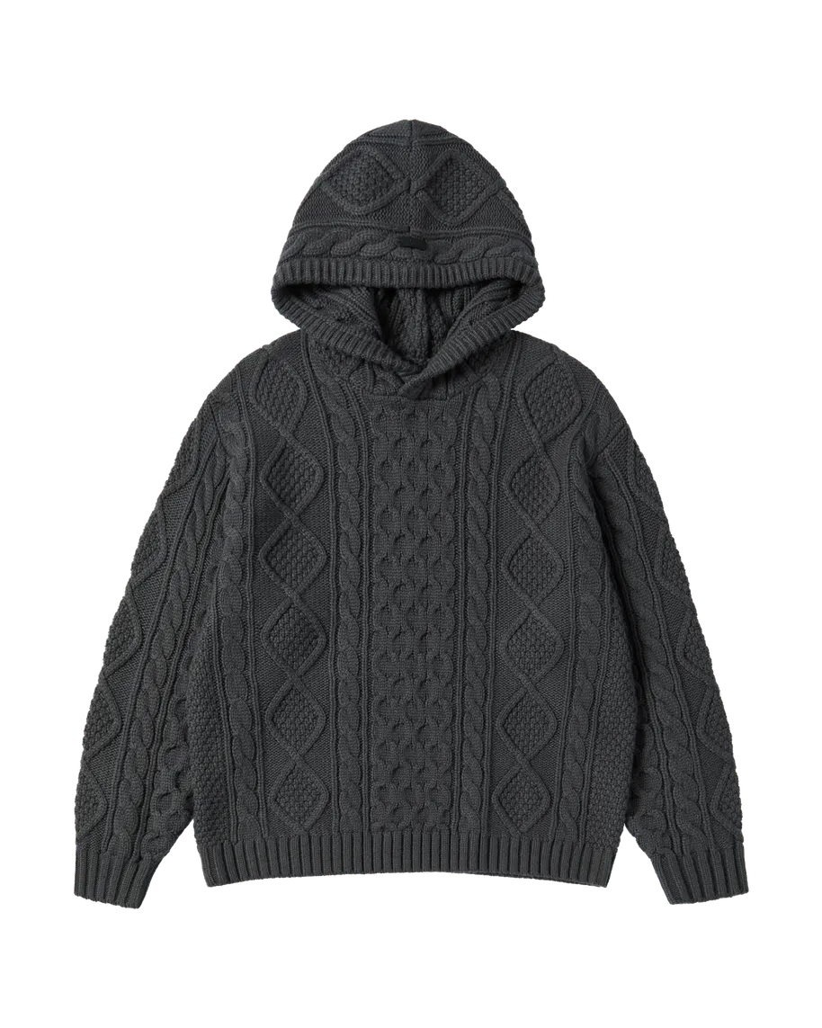 Áo Hoodie Low Gauge Cable Knit Than chì